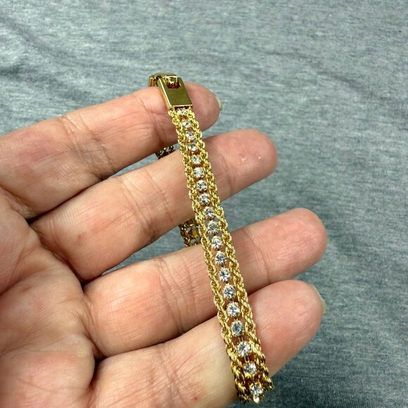 Gold-Tone Double Chain Bracelet Clear Rhinestones Secure Clasp Shine Sparkles - Picture 6 of 16